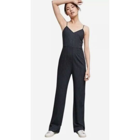 Anthropologie The Essential Jumpsuit Navy Pinstripe Flare One Piece size 0 - Picture 1 of 9